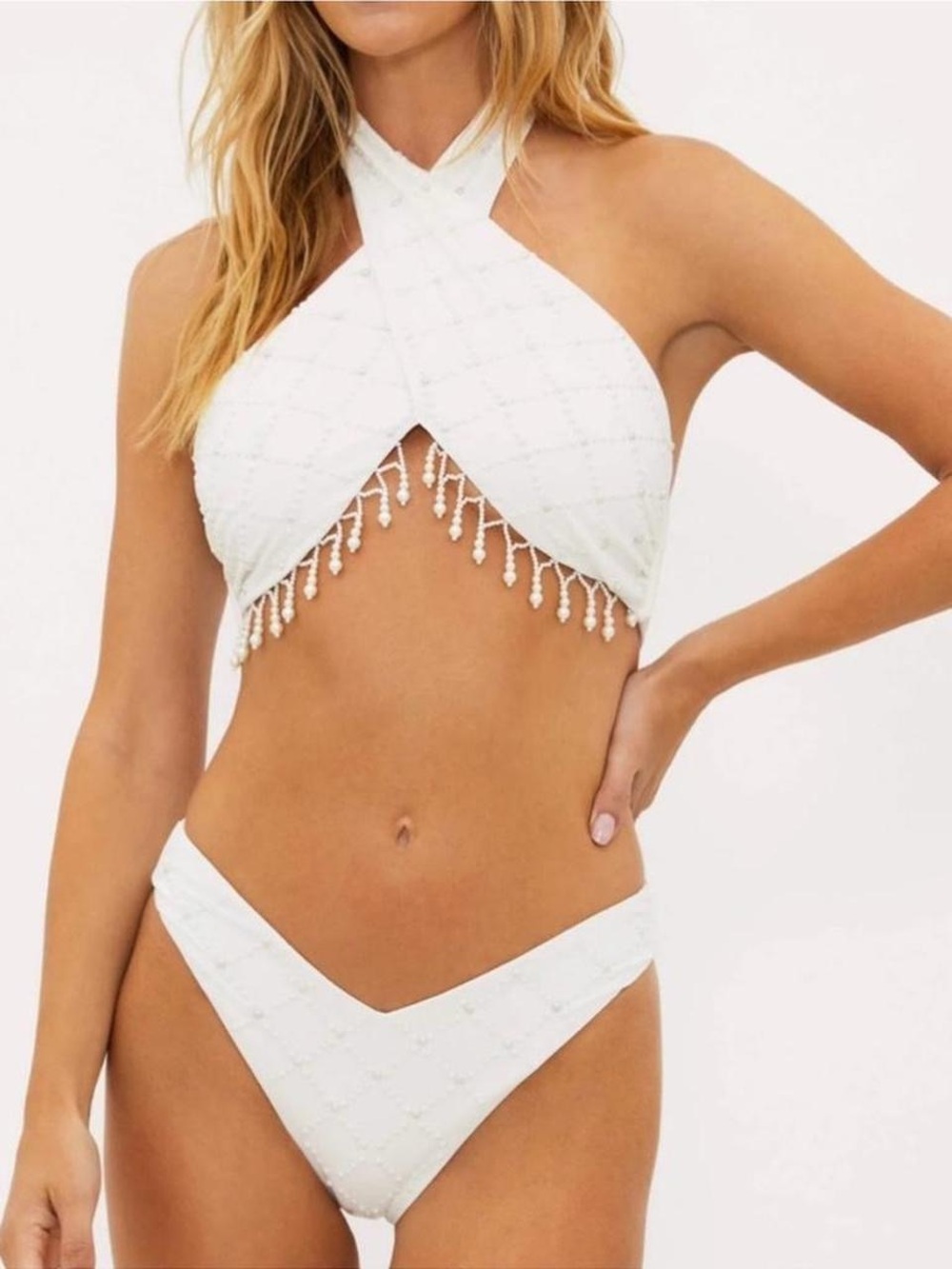 Beach Riot White Halter Bikini with Pearl Beaded Details